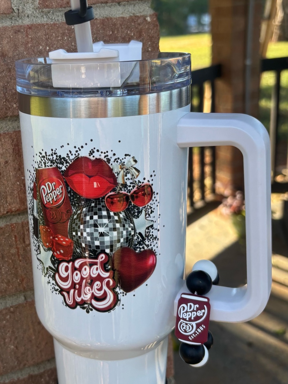 White Travel Mug with Dr. Pepper Good Vibes Design
